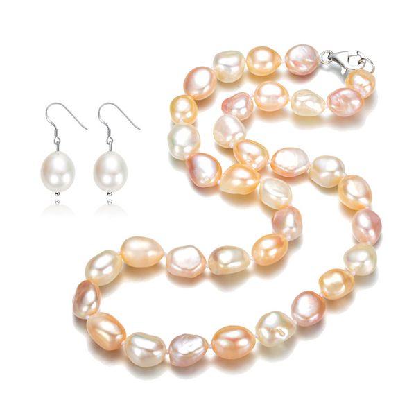 

snh 10mm baroque pearl necklace/earrings 100% 925 sterling silver natural cultured freshwater pearl jewelry sets, Black