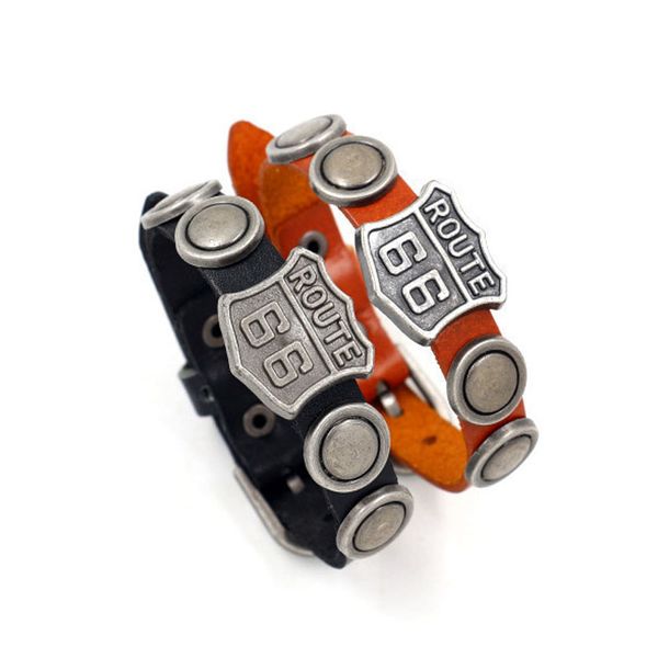 

new mens fashion rivet charm bracelets classic letter route 66 punk retro leather bracelets male jewelry gifts, Golden;silver