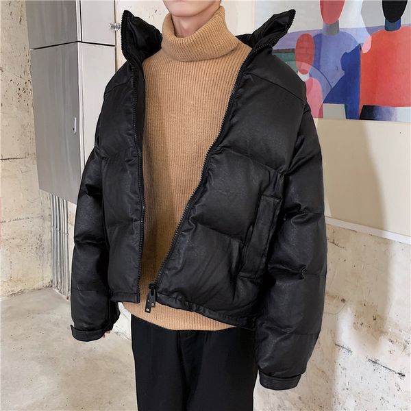 

winter thick leather jacket men's warm fashion solid color casual stand collar leather coat man wild loose motorcycle jacket, Black