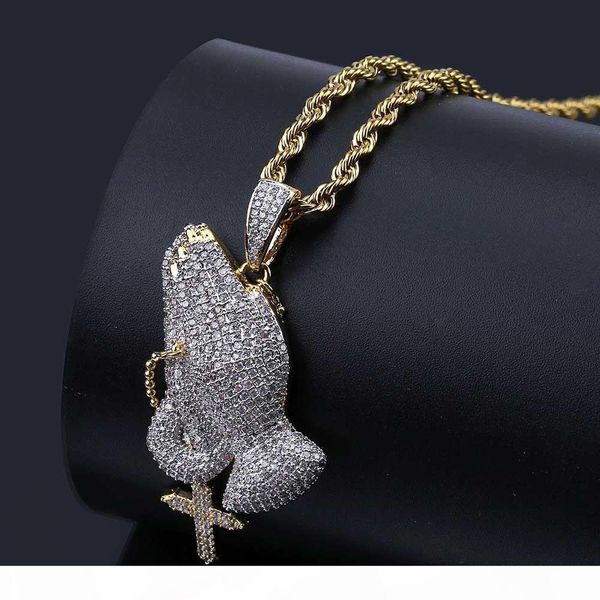

christian cross prayer gesture retro necklace zircon-inlaid hip-hop pendant jewelry selling in europe and america