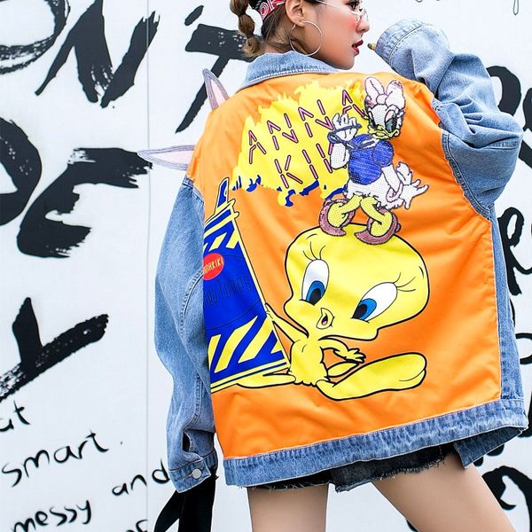 

fashion cartoon sequined coats appliques hip hop jean jacket women autumn washing material denim jackets casual streetwear cc010, Black;brown