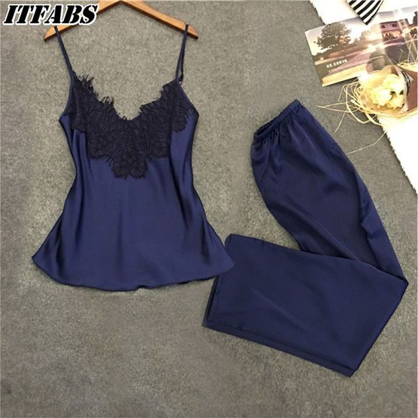 

2pcs lingerie women sleeveless silk casual loose babydoll pants nightgown sleepwear regular size solid pajamas set, Blue;gray