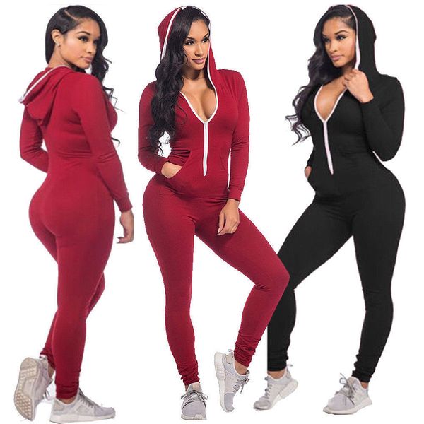 

2019 ladies autumn solid zipper v-collar jumpsuit women spring long sleeve hooded playsuit, Black;white
