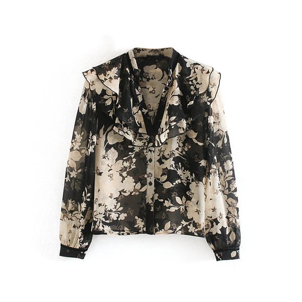 

fashion v neck floral print blouse women ruffles decorate long sleeve stylish shirt female plus size ladies bluzki damskie, White