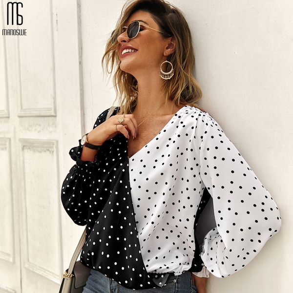 

manoswe women dot point blouses casual long sleeve blouse shirt office shirt female print v-neck chiffon woman blusas, White