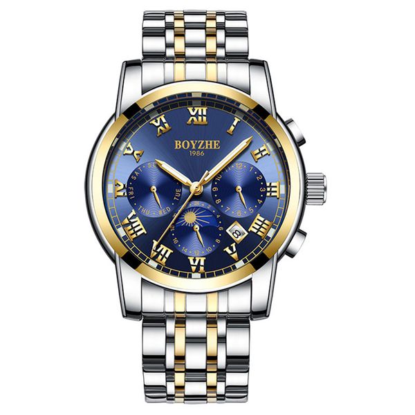 

boyzhe automatic mechanical watch men's multi-function watch luxury man watches calendar waterproof clock luminous, Slivery;brown