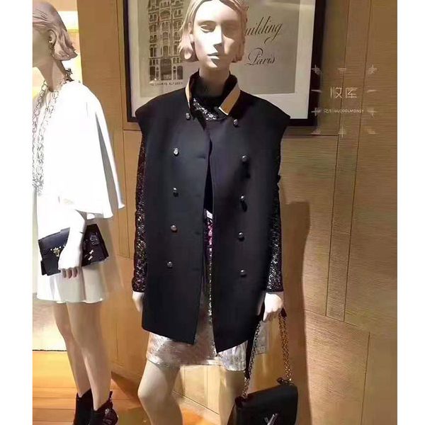 

cosmicchic elegant office lady vest stand collor vests blazer double button sleeveless pocket jacket leather collar women vest, Black;white