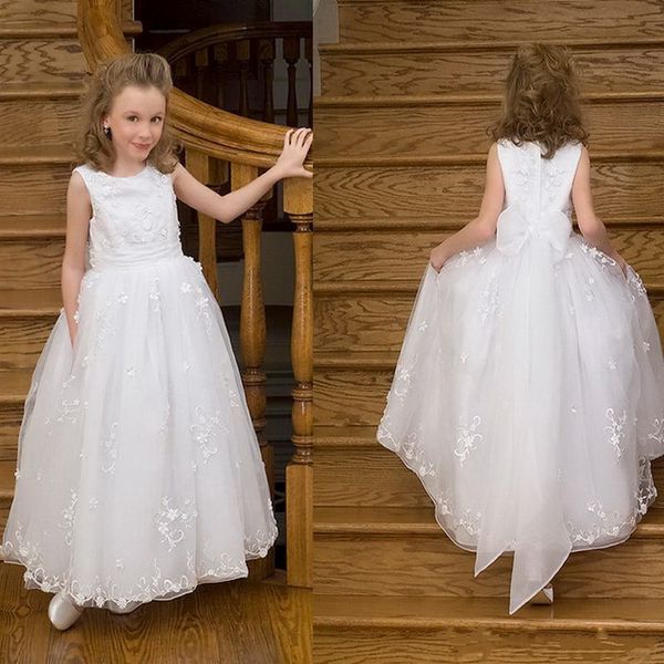 Beyaz Dantel Zarif Prenses Elbise Güzel Çiçek Kız Elbise İçin Düğün Çocuklar ilk komünyonu Abiye Kolsuz Foraml Giyer