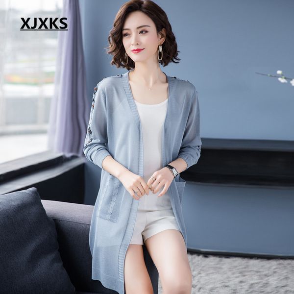 

xjxks fashion v-neck women long cardigan 2020 spring summer new loose large size casual knitted long thin coat, White