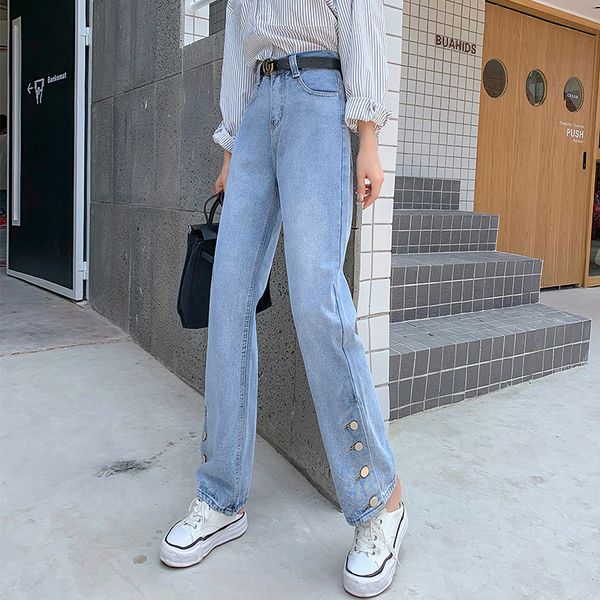 

мозулева 2020 весна осень женщины джинсовые джинсы высокая талия прямые джинсы для женщин боковой сплит старинные женские длинные брюки новы, Blue