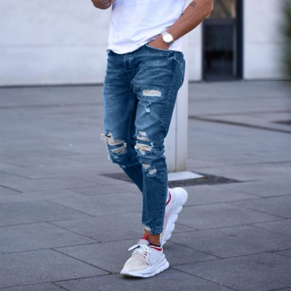 

hip hop harem joggers men's fashion denim cotton jeans straight hole trouser distressed jeans long pant pantalones hombre #50, Blue