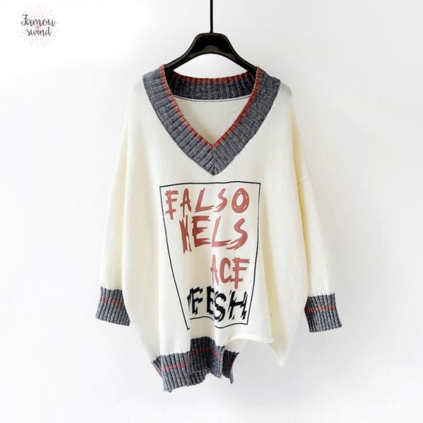 

буквы и пуловеры свитера осень зима v шеи печати вытяните перемычки chic крупногабаритные трикотаж женский вытащите femme, White;black