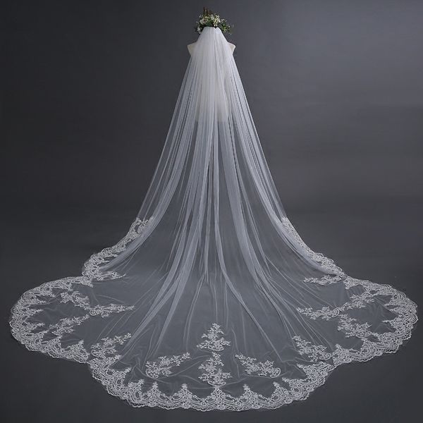 

3 meter ivory cathedral wedding veil with comb long lace edge bridal veil wedding accessories real pictures, Black
