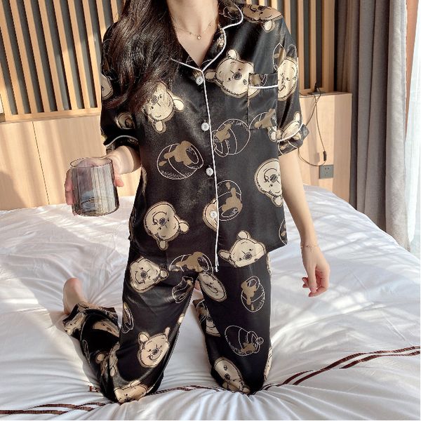 

luxury silk pajama sets for women spring and summer short sleeve long trousers 2 pcs pyjamas casual pijama sleepwear, Black;red