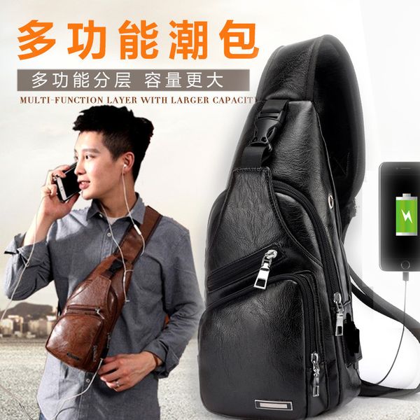 

men's shoulder bag sling chest bag pu leather usb charging sports messenger men's 2020 chest belt belt