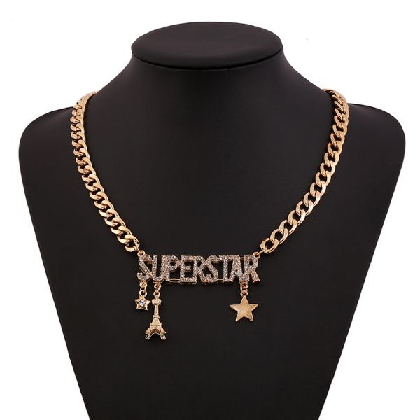 

fashion luxury designer exaggerated metal chain cute diamond letter star tower pendant choker statement necklace for woman, Silver