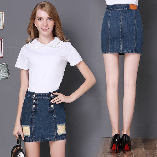 

denim skirt mesh hole high waist denim skirt, Black