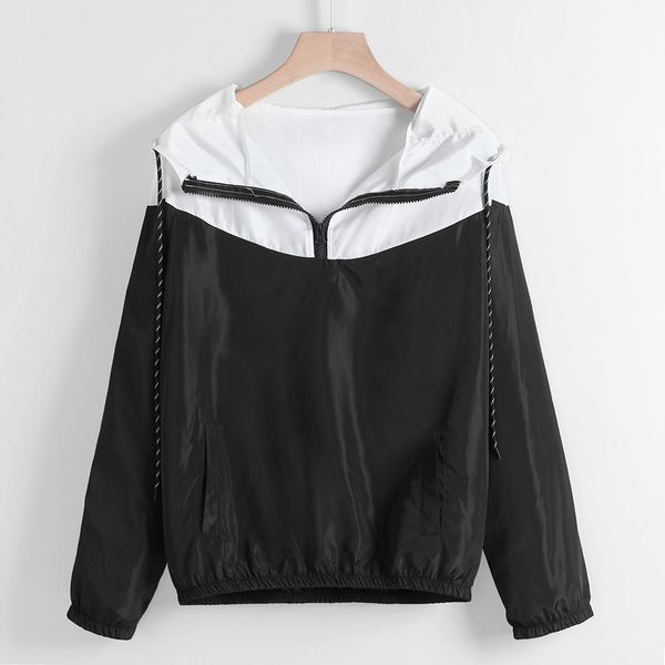 

women jacket long sleeve zipper sports hooded color patchwork thin skinsuits hooded casual sport coat windbreaker coat jacket, Black;brown