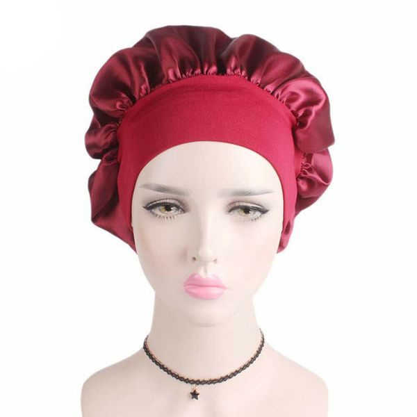 

adjust women satin bonnet cap night sleep hair head cover wide band elastic hat black white blue pink gold, Blue;gray