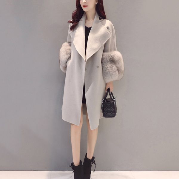 

autumn winter women coat long sleeve faux fur patchwork jacket turndown collar solid color pockets lady casual outwear js25, Black