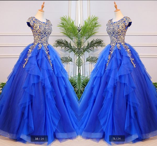 

gold embroidery beaded royal blue prom dresses ball gown ruffles tulle round neck cap sleeve women long formal dress evening gowns party, Black