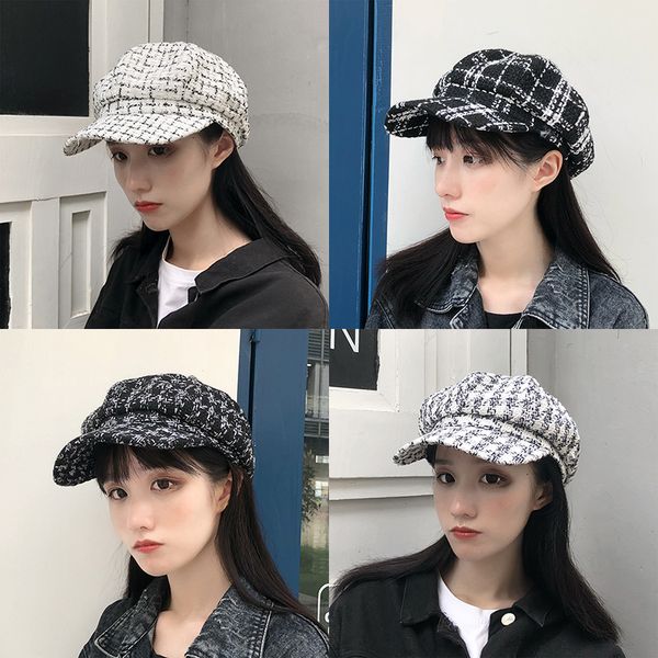 

plaid beret winter wild newsboy autumn and winter navy british octagonal bud painter hat female tide, Blue;gray