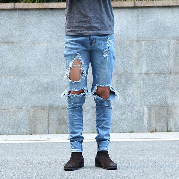 

urban cool mens side ankle zipper jeans kanye west skinny stretchy destroyed distressed knee ripped jeans with holes for men, Blue