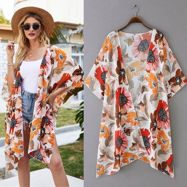 

womens flowy kimono cardigan chiffon blouse loose open front dress printed chiffon blouse women ropa mujer #es, White