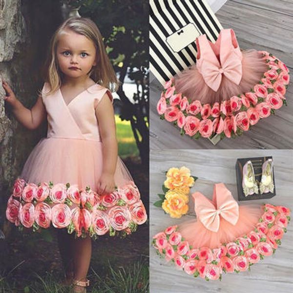 Criança bebê crianças meninas roupas flor impressão v-pescoço sem mangas tulle arco casual algodão sem costas verão mini vestidos um pedaços