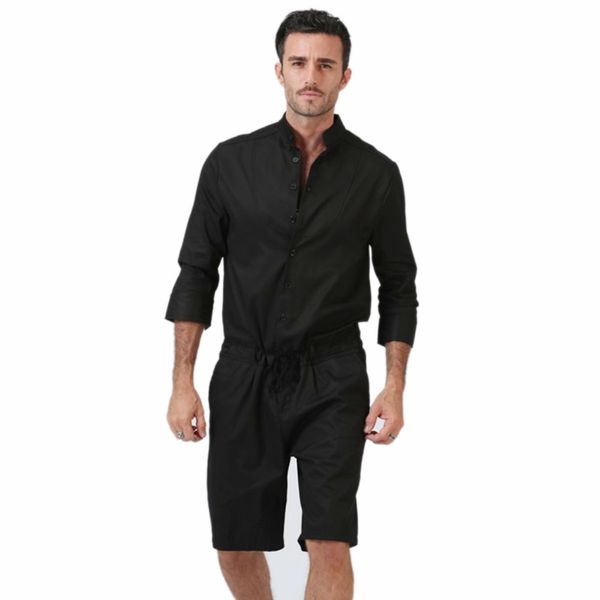 

men's short one piece romper playsuits man long sleeve button jumpsuits male casual cargo pants playsuit overalls 4xl, Black