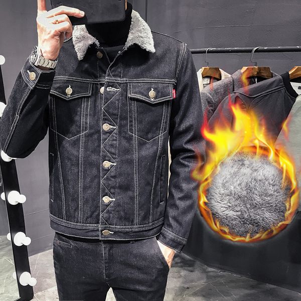 

autumn and winter men's casual denim jacket trend youth korean version of the wild plus velvet thick warm slim large size, Black;brown