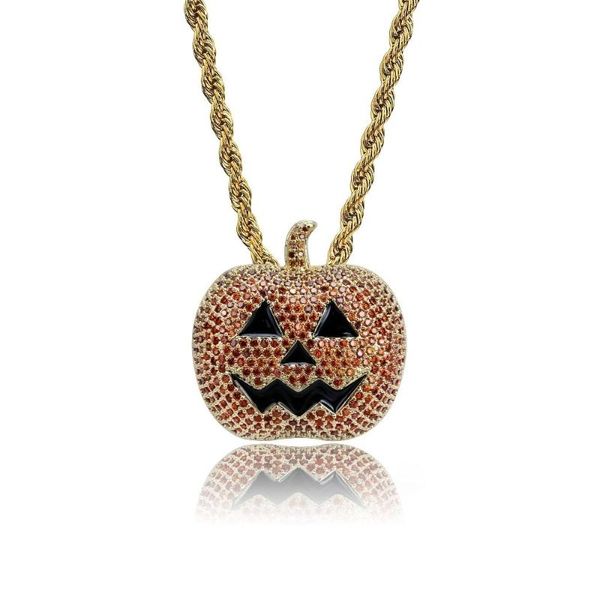 

gold blace gun color iced out cubic zircon pumpkin necklace&pendant with 4mm tennis chain men's hip hop jewelry halloween gifts, Silver