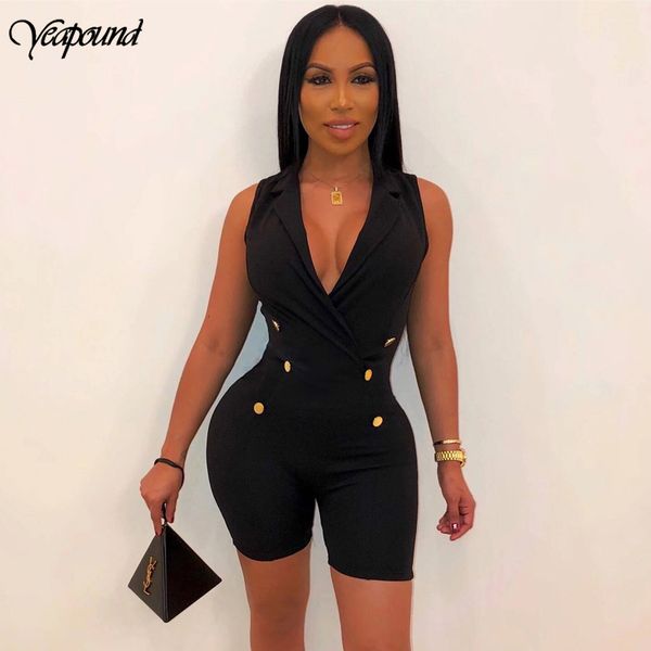 

women rompers elegant solid color sleeveless playsuit womens jumpsuit office ladies playsuit with button zipper rompers