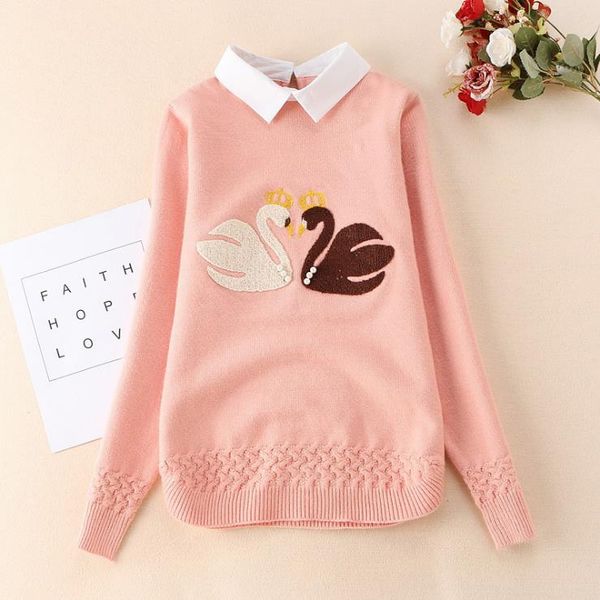 

a girl's lapel cardigan, embroidered with swan patterns, Blue