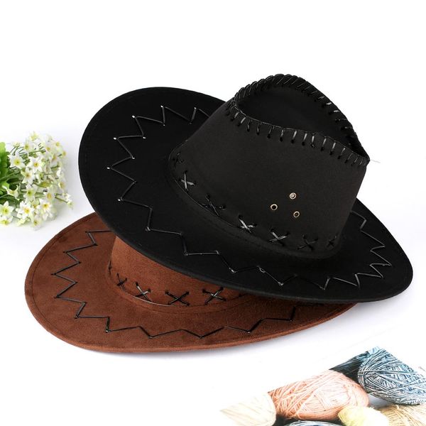 

leather cowboy hat men jazz sun flat caps outdoor western large brimmed black hats for women england style