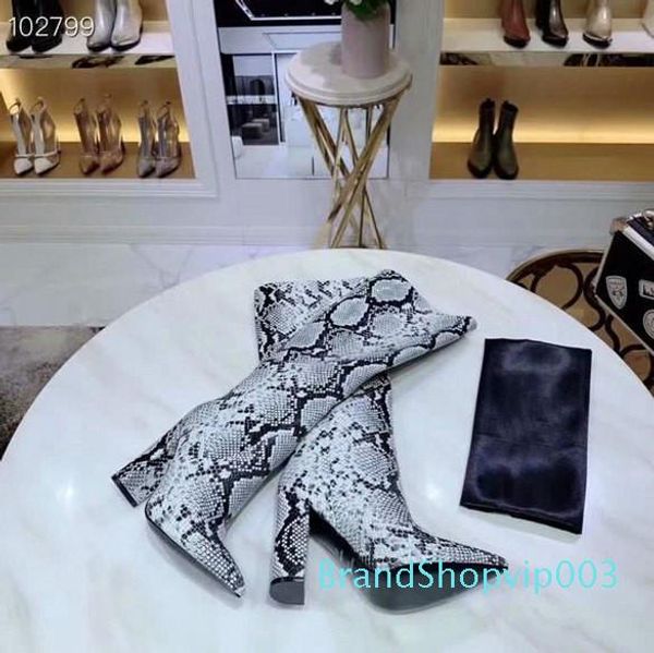

new personality snake pattern cowhide face snake pattern cowhide face boots party fashion show show pointed high heel thick heel shoes, Black