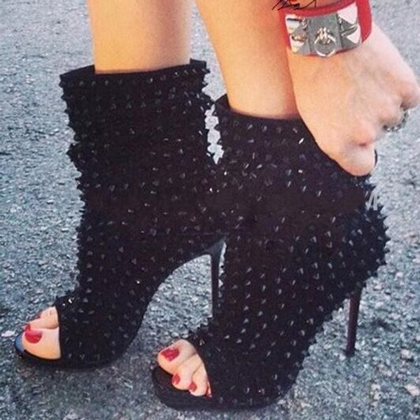 

rivet fish mouth short boots thin heel short boots, Black