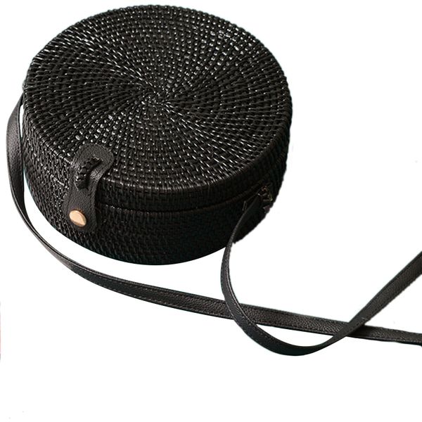 

black round rattan bags for women crossbody bag handmade woven circle shoulder bag female handbags