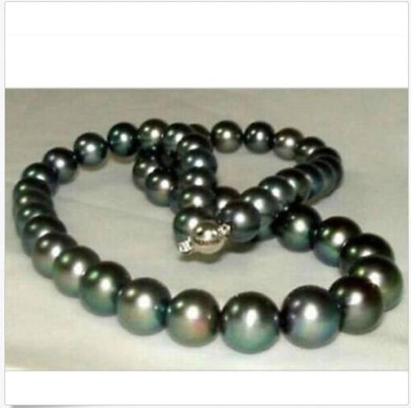 

stunning 10-11mm perfect round tahitian black pearl necklace 18 inch, Silver