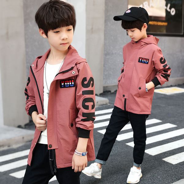 

boys casual cotton jacket 2019 autumn new product big children's webbing letter shirt boy kids long trench zipper windproof coat, Blue;gray