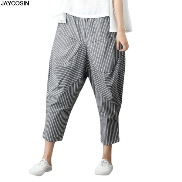 

jaycosin pants summer ladies' literary striped wild elastic waist loose casual pants cotton korean polyester cloth 9524, Black;white