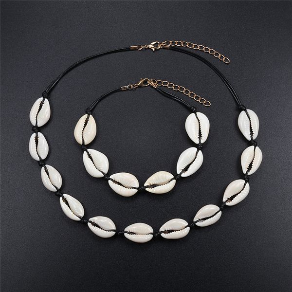 

fashion boho shell necklace bracelet set jewelry natural cowrie rope chain choker collar for women beach summer necklace gifts, Golden;silver