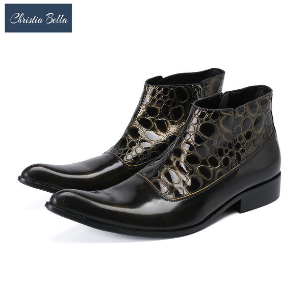 

christia bella printing men shoes genuine leather boots new fashion simplicity pointed toe boots large size zipper short, Black