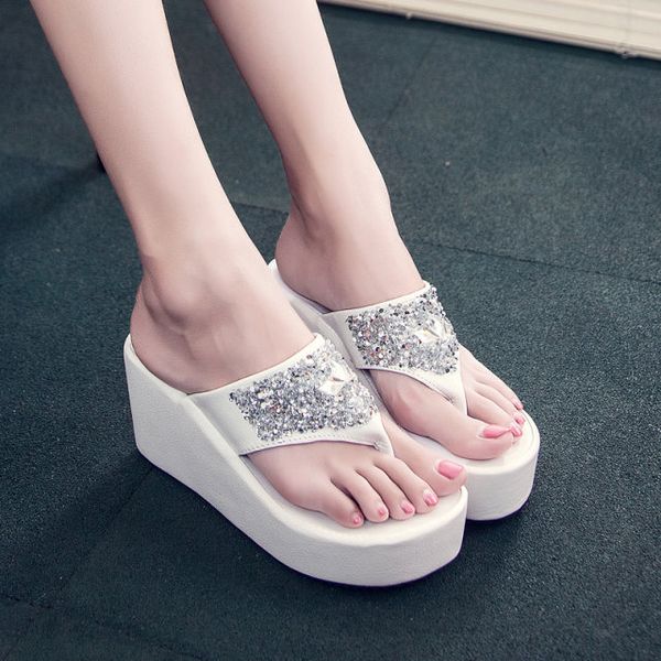 

women's shoes 2016 summer new rhinestone wedge with thick bottom sponge cake flip-flops pinch beach sandals, Black