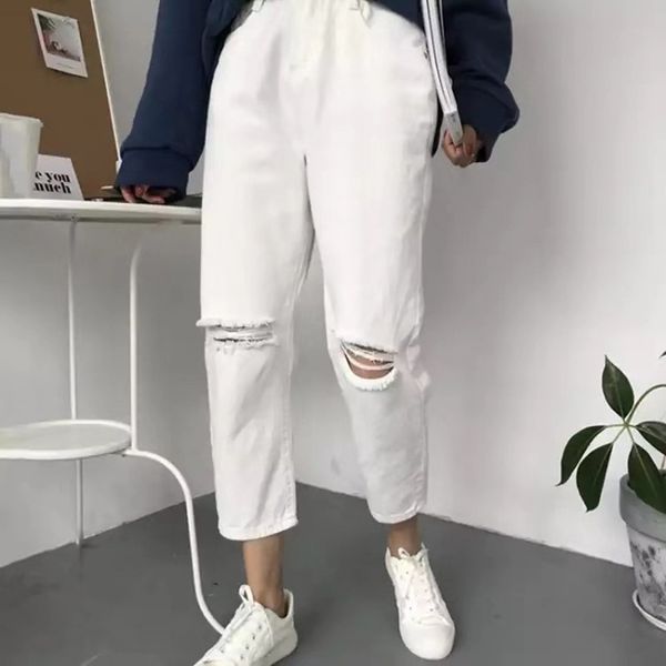 

aprilgrass бренд дизайнер джинсы женские модные простой корейский стиль все-матч твердые отверстие мягкая высокая талия уличная женская брюк, Blue