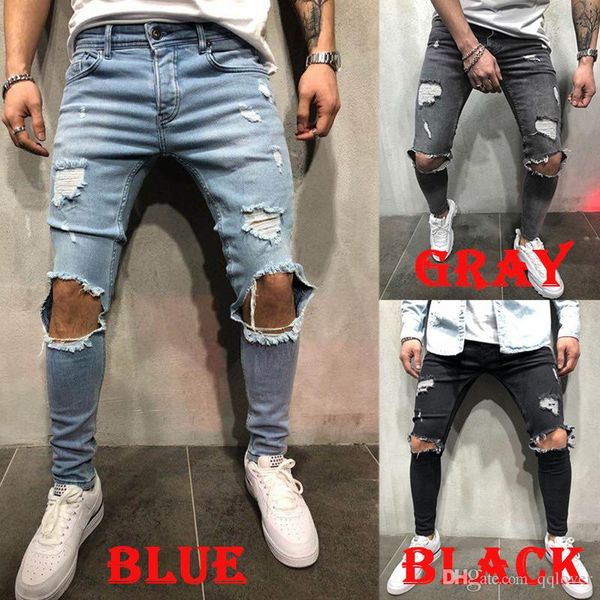 

wholesale-mens strech ripped biker jeans skinny distressed kanye west designer distrressed brand hip hop streetwear swag pants, Blue