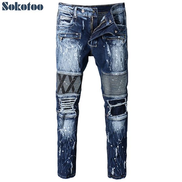 

sokotoo men's printed painted ripped biker jeans for moto slim fit hole patch distressed blue denim pants