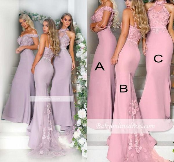 Elegant Pink Flowers Mermaid Long Bridesmaid Dresses Off The