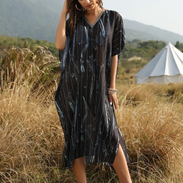 

women casual cover up summer sleeve stripe print patchwork polyester chiffon split kimono bathing suit ankle length cover up