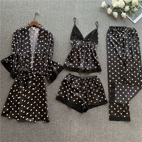 

smmoloa 4 piece silk robe women silk pajamas set satin pajama sets, Black;red